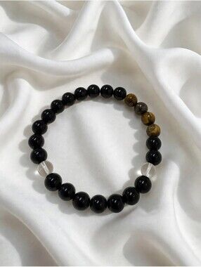 Black Tiger Eye Stretch Bracelet Clear Accents 8mm Protection